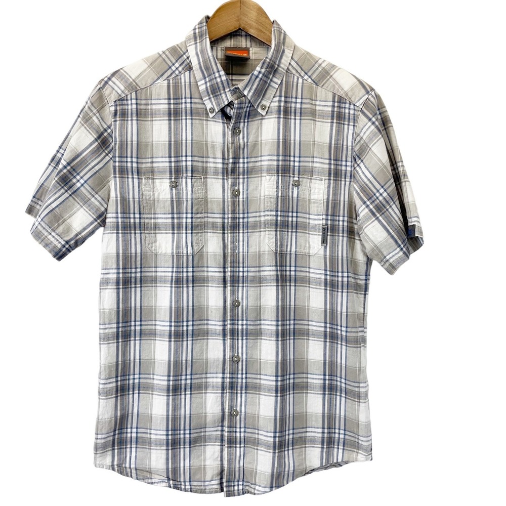 Merrell Plaid Button Down Shirt Boys XL Gray Blue Linen Blend Outdoorsy Hiking